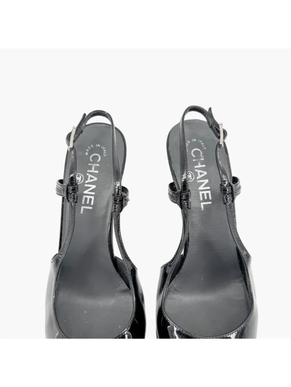 Chanel Cap Toe Slingback Pump Size 38.5 US 7.5-8 Black Patent Platform High Heel